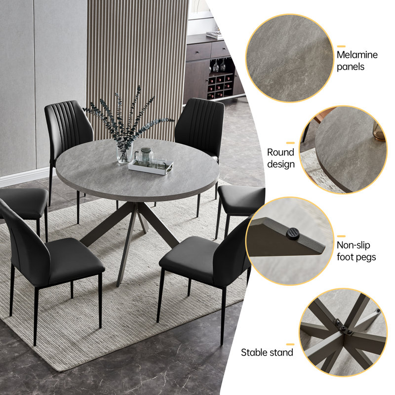Cappelletti Round Steel Pedestal Dining Table Set, Black, 5 Pieces: Table, 4 Chairs