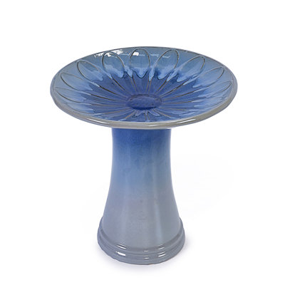 17'' Ceramic Bird Bath for Outside, Elegant Tall Outdoor Bird Bath, Lightweight Pedestal Glazed Birdbaths for Outdoors with floral Pattern, Blue Ombre