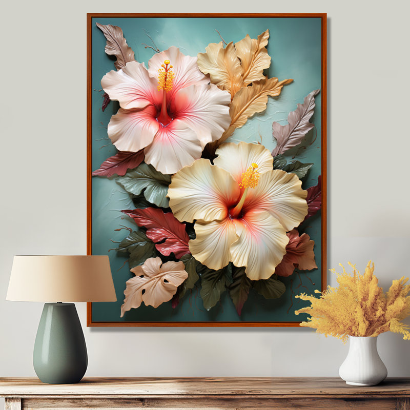 Rivero - art mural hibiscus, H 44 po x l 34 po, Cadre flottant brun, bois massif
