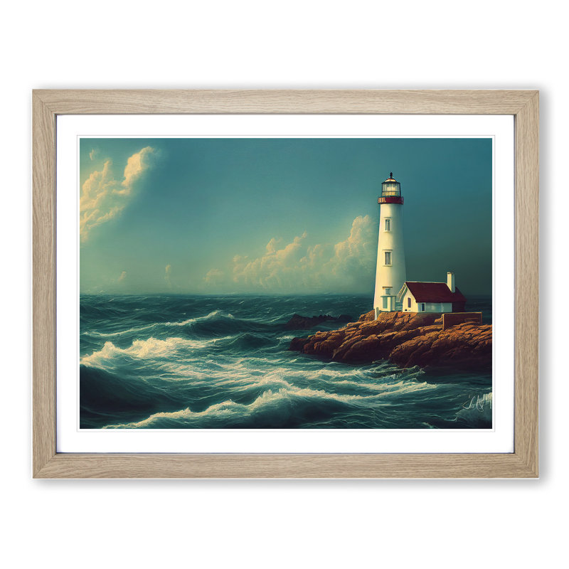 Revered Lighthouse Seascape - Single Picture Frame Painting, 25cm H x 34cm W x 2cm D, Oak Framed