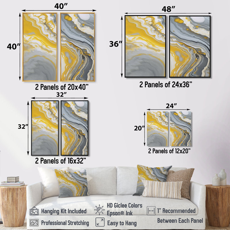 Symphonie marbrée grise et jaune - art mural abstrait grand, Floater Framed Print without Mat, 36" H x 48" W, Gold