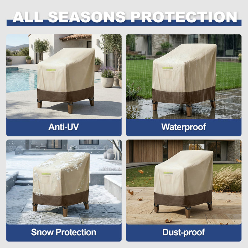 600D Heavy Duty All-Weather High Back Patio Chair Cover, Waterproof Outdoor Cover for 4-6 Stackable Chairs, khaki+Deep Small