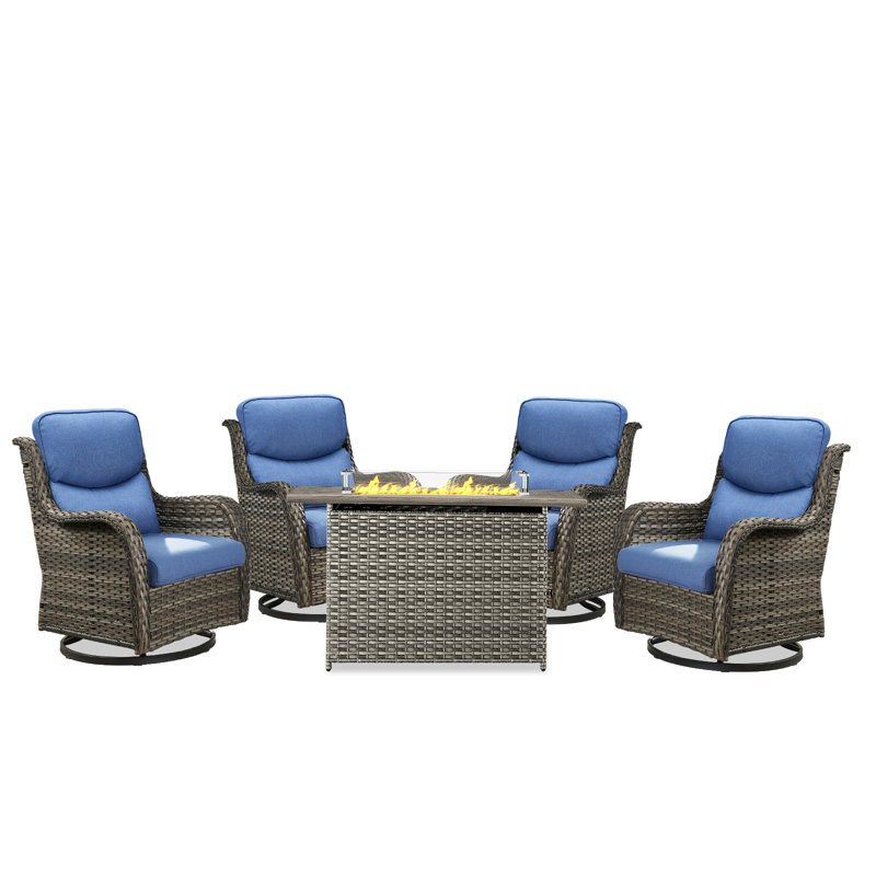 Smile 5 - Piece Outdoor Seating Group With Firepit Table With Cushions, Gray, Blue