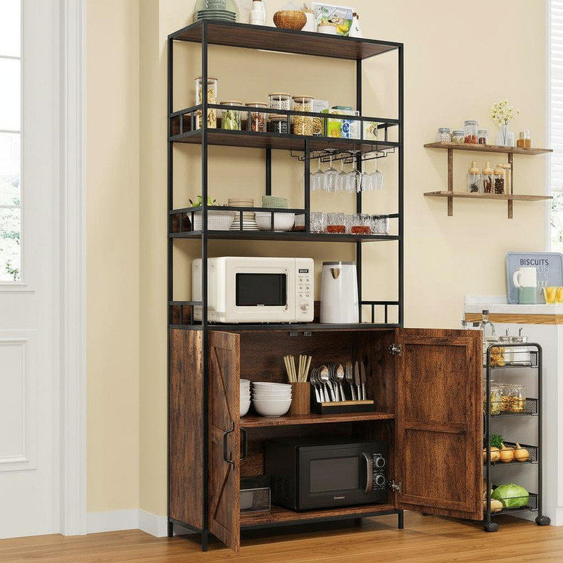Étagère de cuisine de 70,8 po avec armoire de rangement - Paniers et crochets pour le vin, les verres, les boissons et les collations - Armoire à vin haute et bar pour le salon, la cuisine