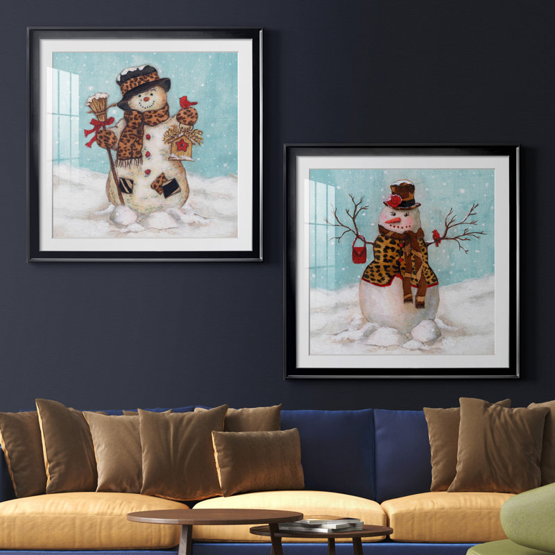 " Snowman " 2 - Pieces, Black Framed Paper, White, 30.5" H x 30.5" W x 1" D