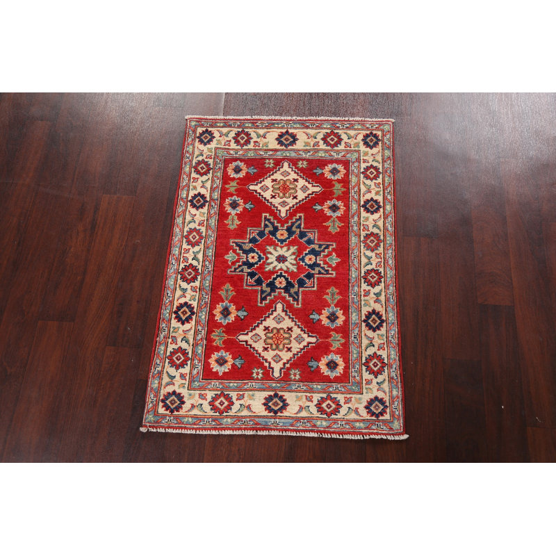 Tapis rouge / bleu / beige en laine noué à la main de conception unique 2 pi 8 po x 4 pi New Age
