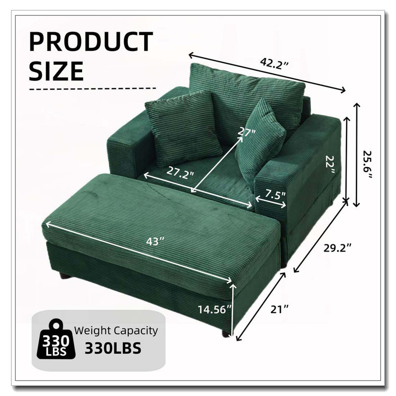 Chaise longue avec repose-pieds Corduroy, Vert