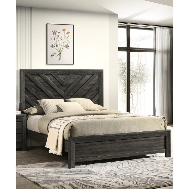 Twin Size Bed Frame With Rustic Gray Finish Geometric Design And Pattern Solid Youth Bedroom Furniture Contemporary For, Twin