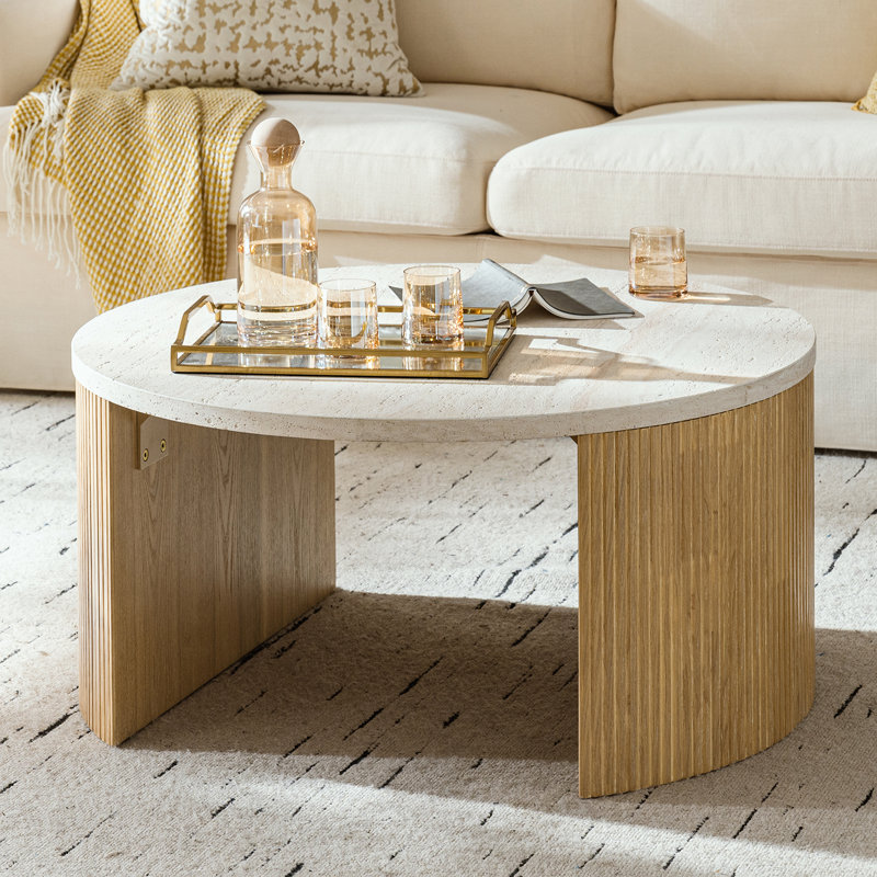 Table basse ronde cannelée avec plateau en travertin Jadida Celia, Chêne