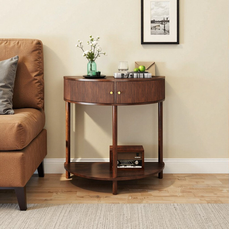 Console demi-lune fabriquée à la main à motif de vagues avec finition blanc crème et rangement - Pieds en bois massif