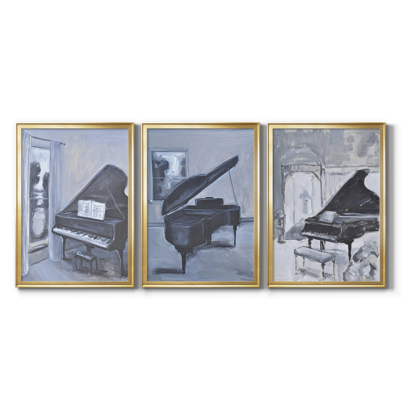 Piano Blues IV - Toile tendue avec châssis sur mesure - 3 pièces, H 27 po x l 39 po, Doré