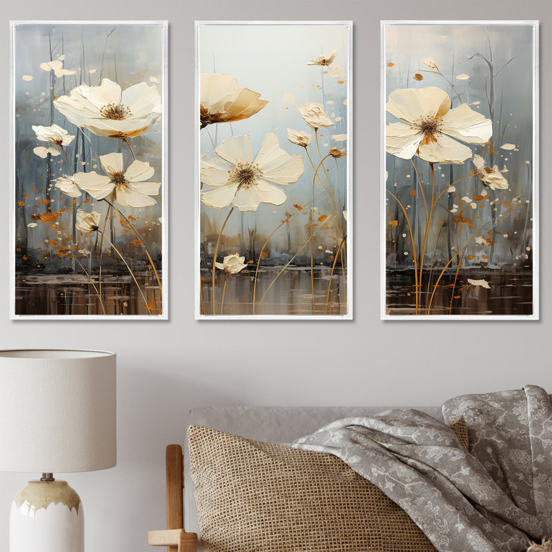«Bloomed Flower Horizons I», ensemble d'art sur toile, Cadre flottant blanc, H 32 po x l 48 po x P 1 po