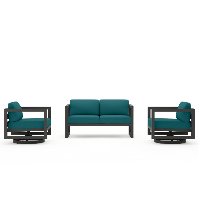 Avion 3 Piece Loveseat Set With Swivel, Slate, Spectrum Peacock Sunbrella® Plainweave
