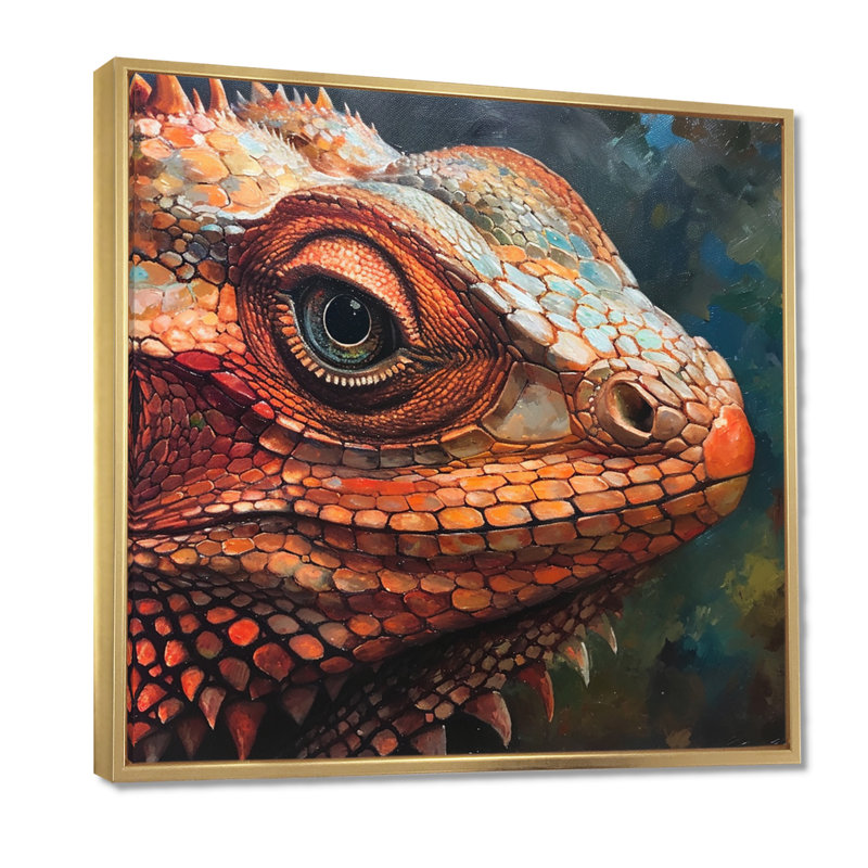 Portrait de lézard rouge souriant - lézard, art mural, Toile flottante dorée encadrée, H 30 po x l 30 po