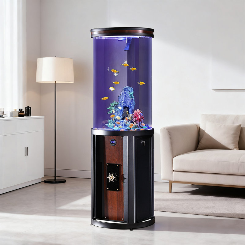 Cylindrical Acrylic Aquariums Tank with Iron Frame, Black