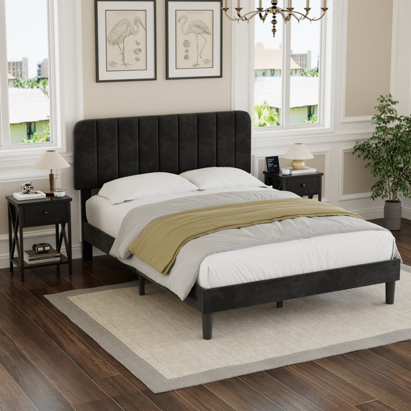 3 Piece Black Bedroom Set with Upholstered Platform Bed & 2 Nightstands, Adjustable Headboard Bed Frame with Wood Slats and Bedside Tables, Industrial Bedroom Furniture Set of 3 for Bedroom, Apartment, Airbnb, Rental, Guest Room