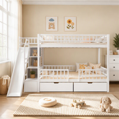 Lit superposé double avec escalier de rangement, glissade et 2 tiroirs pour un maximum d'espace et de plaisir (matelas non inclus)