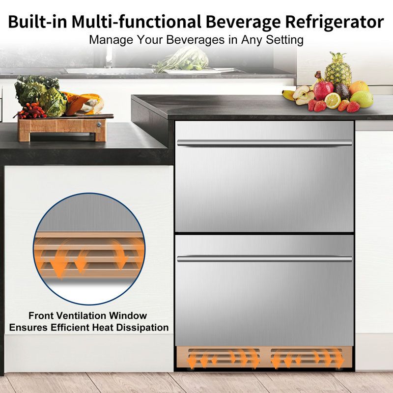 24 Inch Beverage Refrigerator Freestanding or Built-In Drawer Cooler Fridge Under Counter with LED Light and 2 Grid Organizer Classic Series