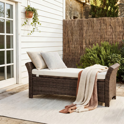 53'' Wicker Upholstered Storage Bench with Arms and Cushion for Entryway, Bedroom, or Patio, Synthetic Brown Wicker
