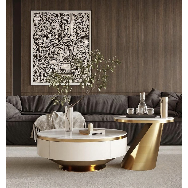 Danieka Modern Luxury Round Nesting Coffee Table Set With Faux Marble Countertop, Fully Assembled, White/Gold