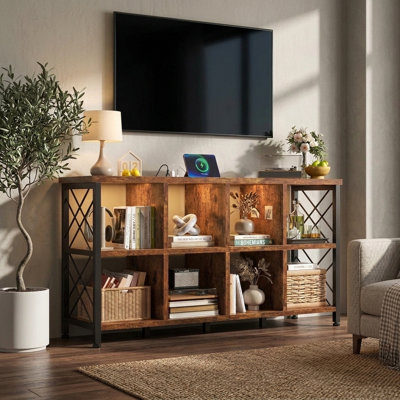 8-cube Bookcase With Led Lights & Charging Ports, Sturdy Storage Organizer For Home Office/living Room/bedroom ,57.09"W × 13.78"D × 29.92"H