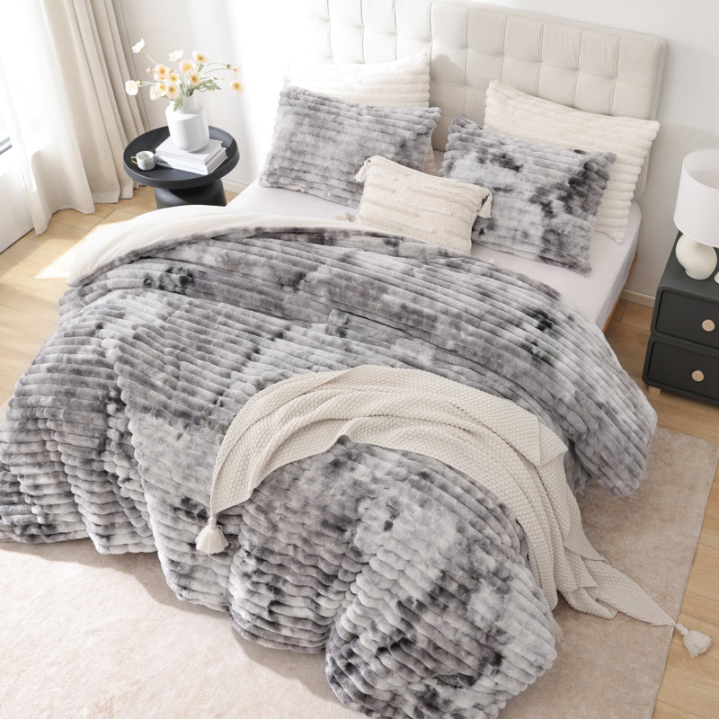 Fluffy Comforter Set 3 Pieces- All Seasons Heavy Faux Fur Comforter With Two Pillowcases, Tie-dye Grey