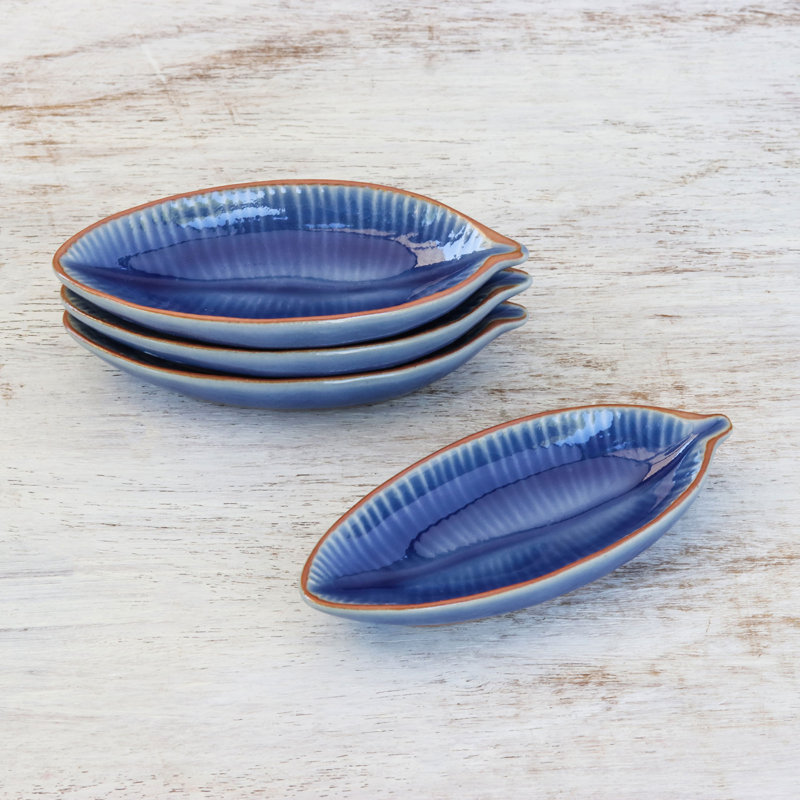 Set of 4 Blue Ceramic Leaf-Shaped Serving Bowls
