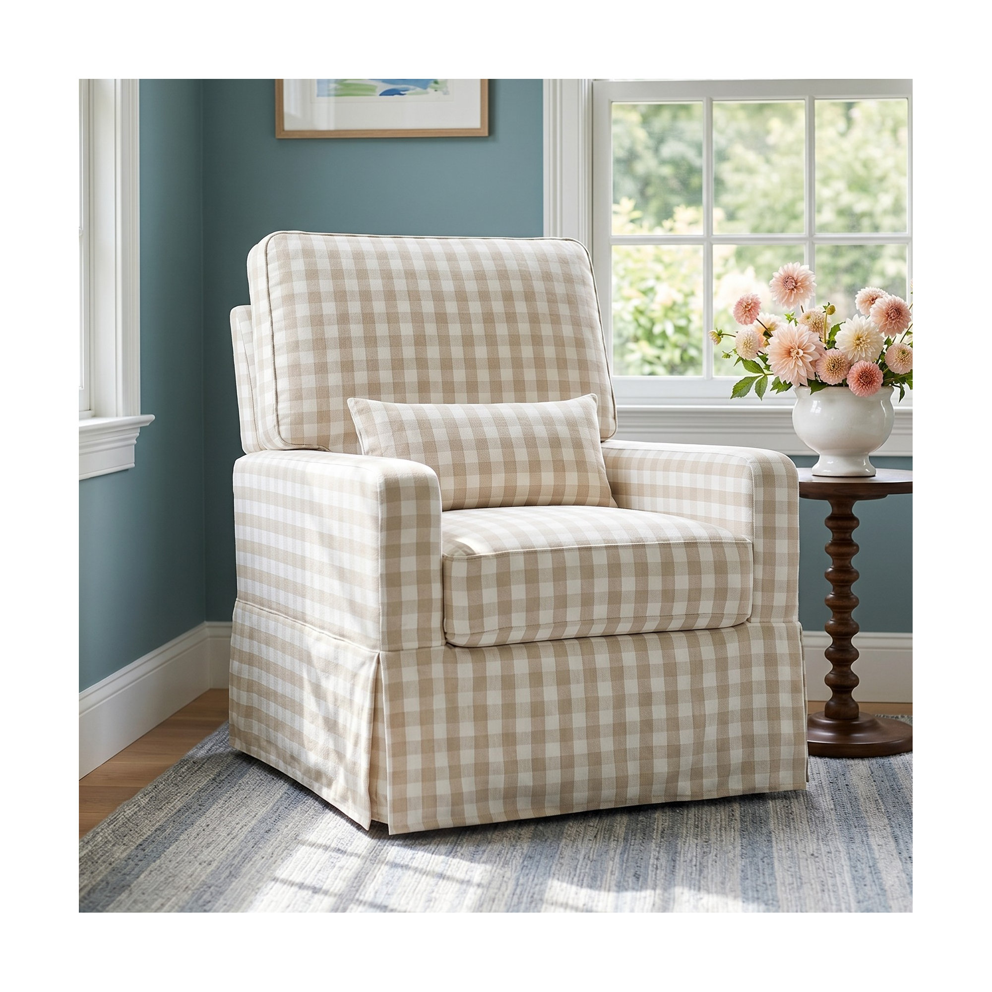 Crawford Upholstered Swivel Glider, Tan Gingham Livesmart®