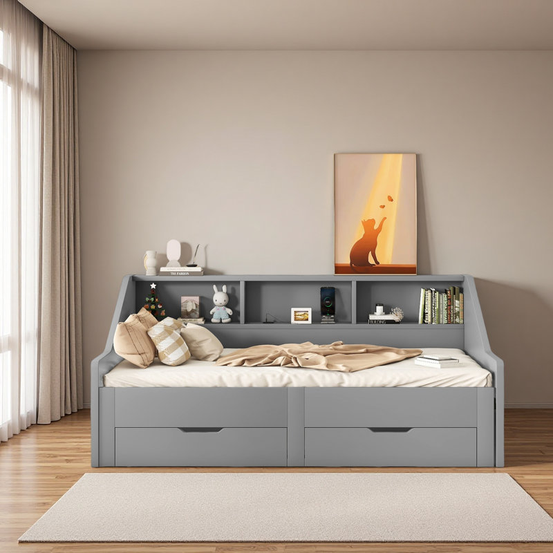 Structure de lit de jour simple avec bibliothèques de rangement et deux tiroirs, Gris