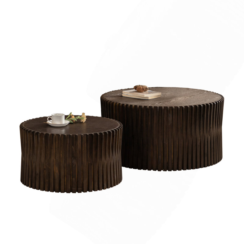 Vintage Fashion Style Cylindrical Nesting Coffee Table Set With Vertical Textured Embossed Design, Dark Brown