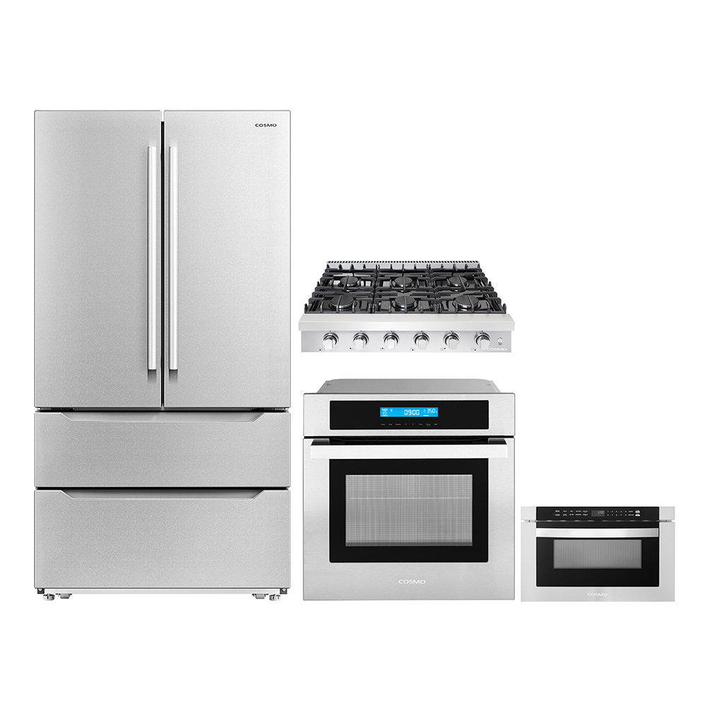 Cosmo 4 Piece Kitchen Appliance Package with French Door Refrigerator , 35.88'' Gas Cooktop , Wall Oven , and Microwave Drawer Cosmo