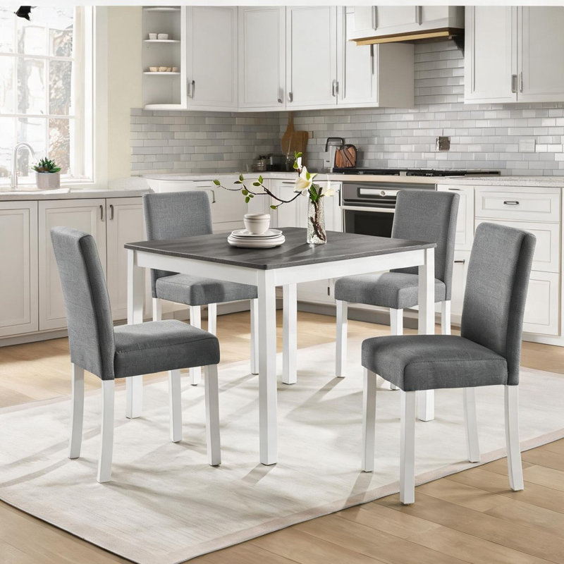 Ensemble de salle à manger carré 5 pièces peu encombrant avec chaises rembourrées gris doux et table en bois blanc - pratique pour les coins repas et les cuisines compactes