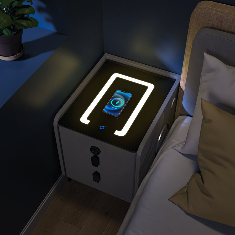 Jaylis 2 - Drawer Small Nightstand with Fingerprint Lock and LED and Music Player, Grey