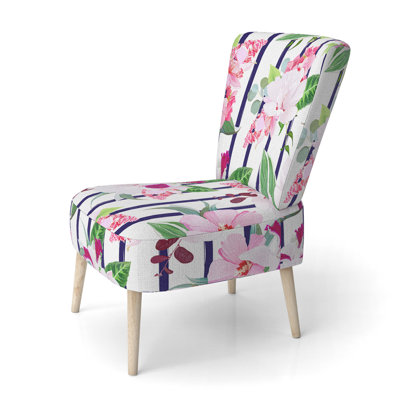 Chaise d'appoint rembourrée à motif rose et blanc avec fleurs tropicales