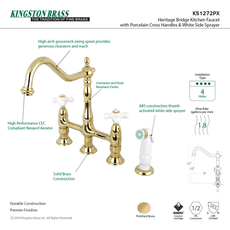 Heritage Double Handle Kitchen Faucet with optional Side Spray, Polished Brass