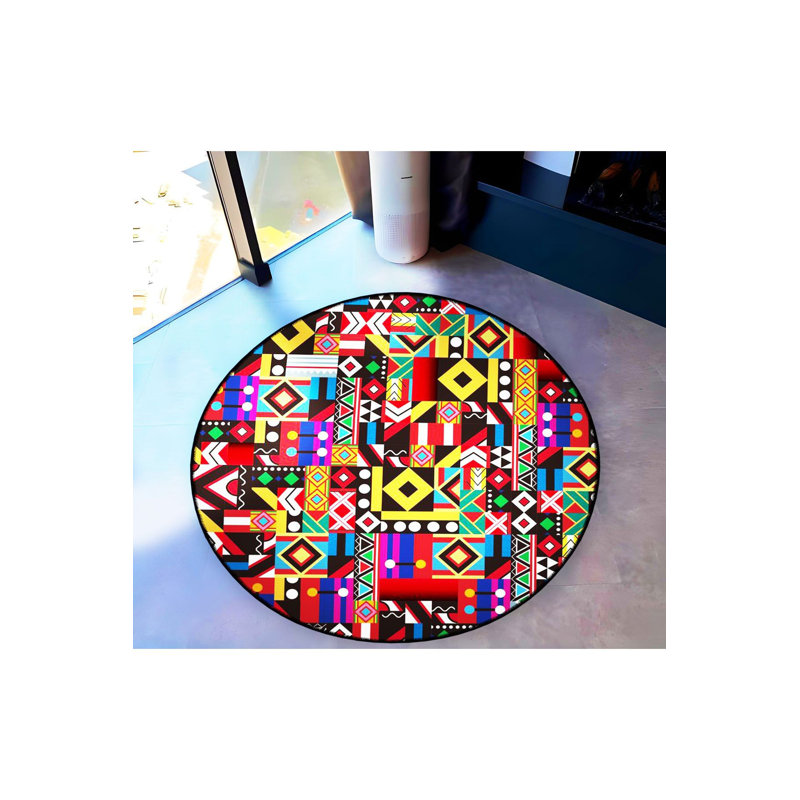 Tapis rond rond à motif géométrique multicolore lavable à la machine, Sous-tapis rond 3 pi 3 po inclus