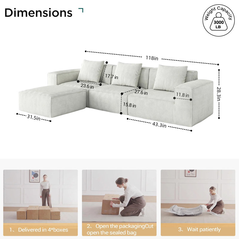 118" NASA-Grade Sectional Sofa with Cloud Couch Design & Zero Assembly, 5-Person Capacity Multi-Functional Seating