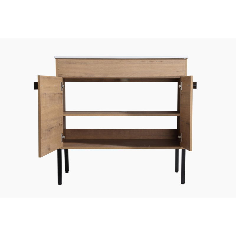 Meuble-lavabo simple 36 po avec plateau en céramique Ashaya, Imitation chêne