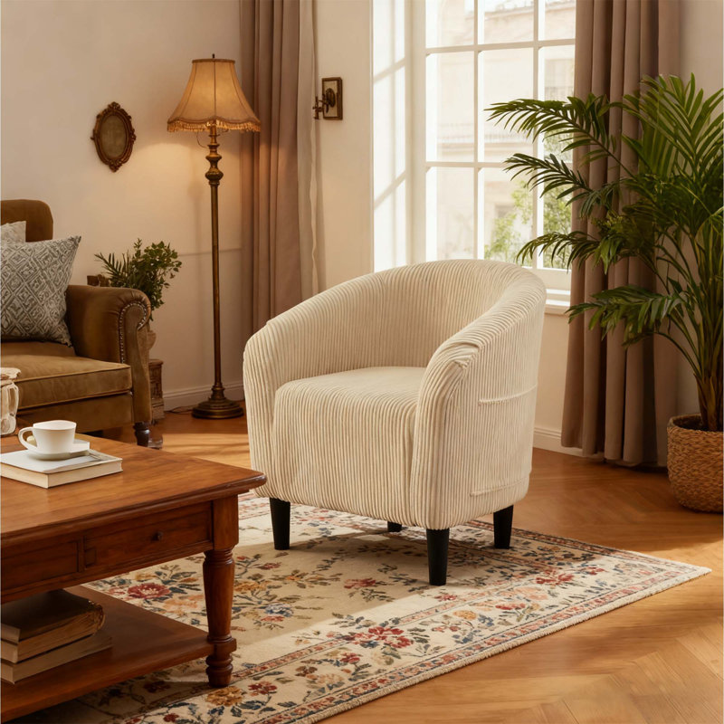 Accent Barrel Chair Boucle Club Chair Furry Sherpa Armchair Suitable for Living Room Bedroom, White Corduroy
