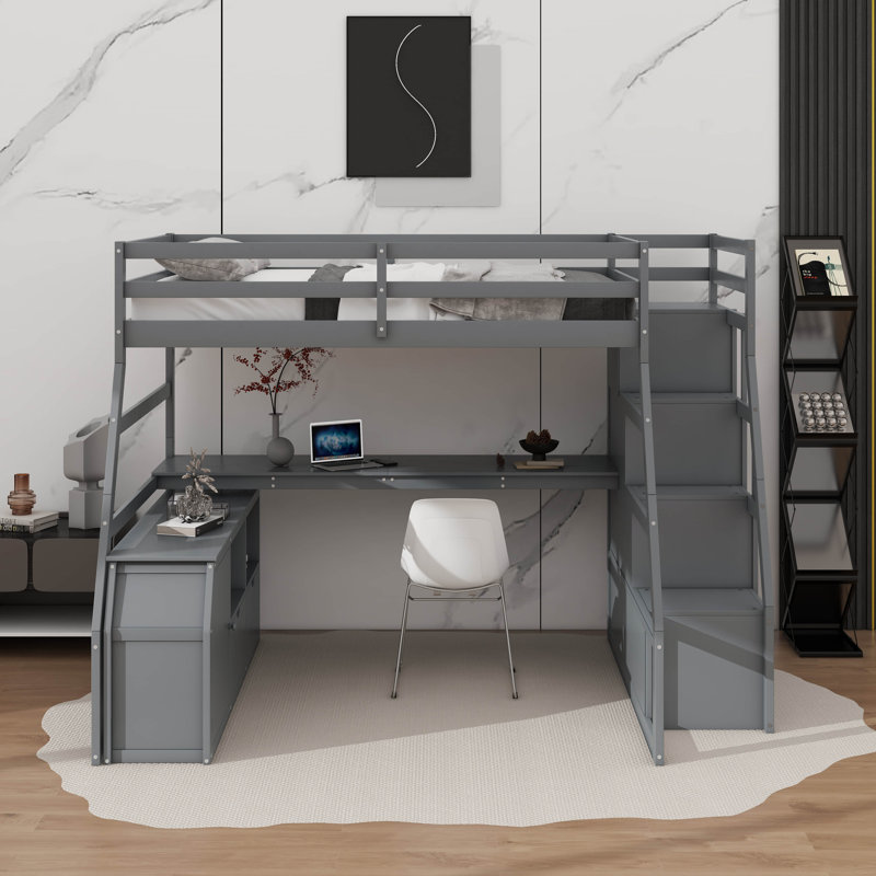 Lit mezzanine double avec tiroirs et bureau, Gris, Lit double