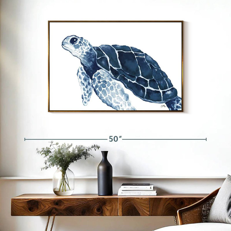 Tortue dans les bleus, Cadre flottant doré, 37 po x 25 po