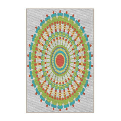 Tapis vert / bleu / orange en laine et polyester tissé à la machine Oriental