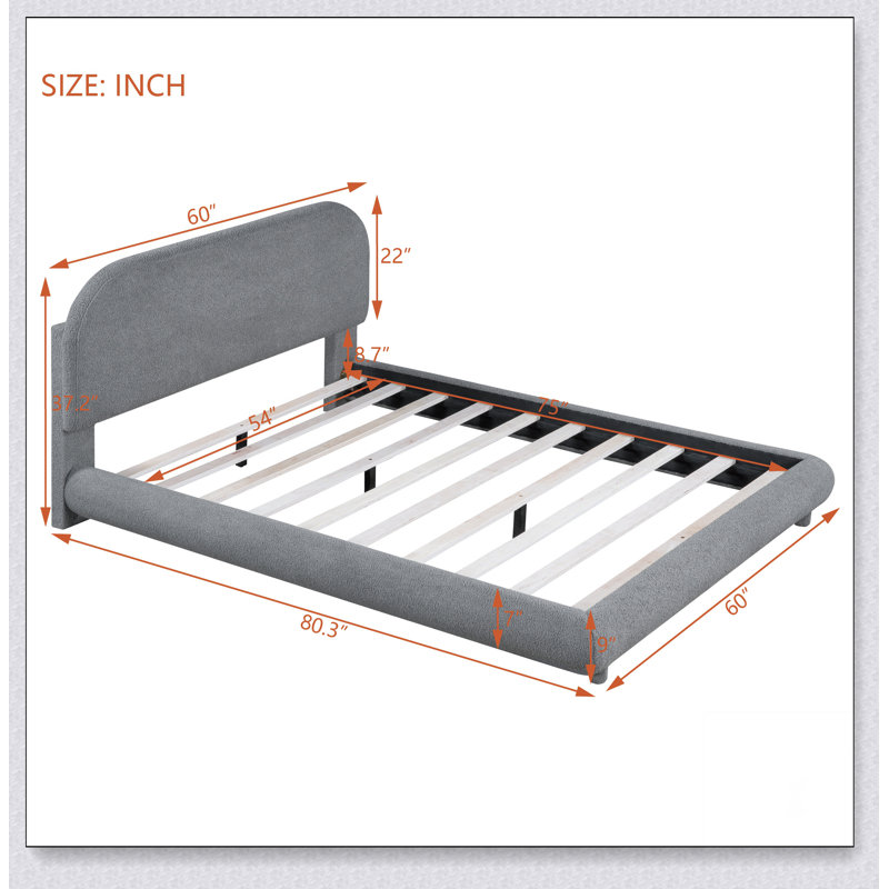 Lit plateforme tapissier avec tissu épais, structure solide et design courbé élégant, Gris, Double