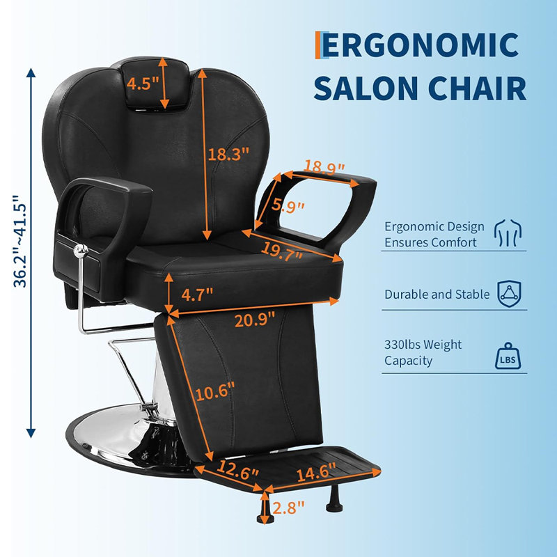 Reclining Barber Chair with Heavy-Duty Hydraulic Pump, Adjustable Headrest & Footrest, 360° Swivel Salon Chair for Hair Stylists
