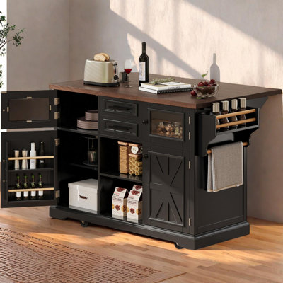 54.9" Kitchen Island with Drop Leaf, Power Outlet, Storage Cart with Shelves, Rolling with Barn Doors