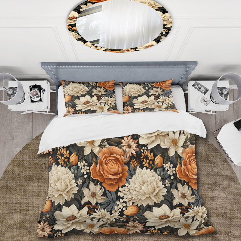 Literie Dahlia, Housse de couette pour grand lit et 2 taies décor