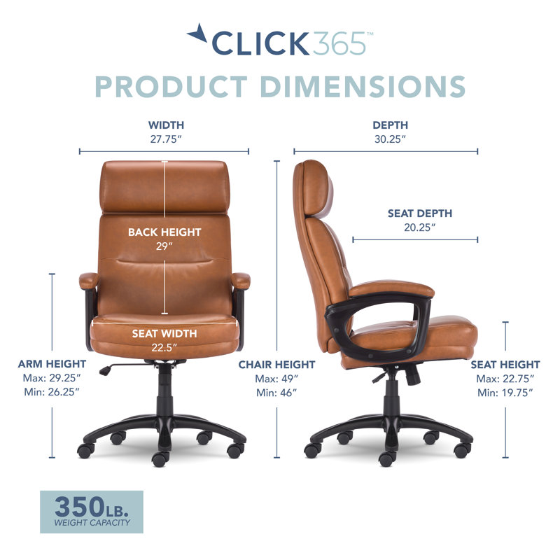 Fauteuil de bureau de grande taille, grand et ergonomique, coussin de siège à double couche et dossier ergonomique Click 365