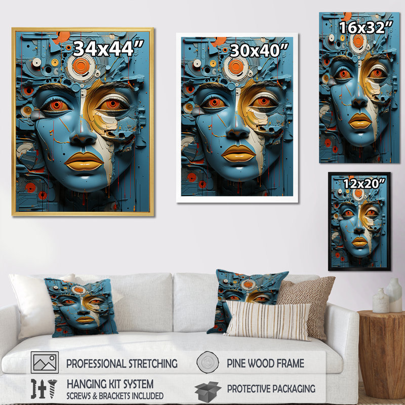 «Geometric Blue Indian Art Mask», reproduction d'art sur toile, Cadre photo noir, H 32 po x l 16 po x P 1 po