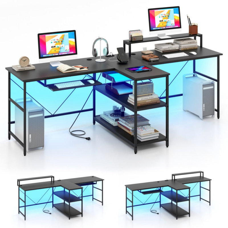 2-Person Reversible Computer Desk Long Office Desk With LED Lights, Black