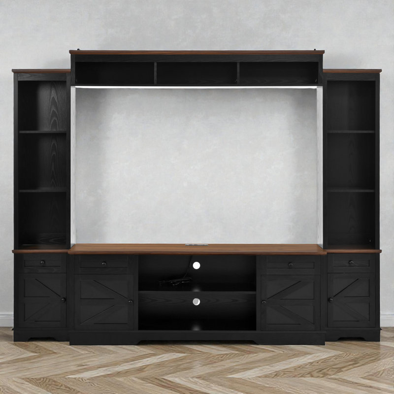 Entertainment Center For Tvs Up To 80", Bookshelf Wall Console, Two-Tone Wood Top, Modern Farmhouse, Living Room Storage System
